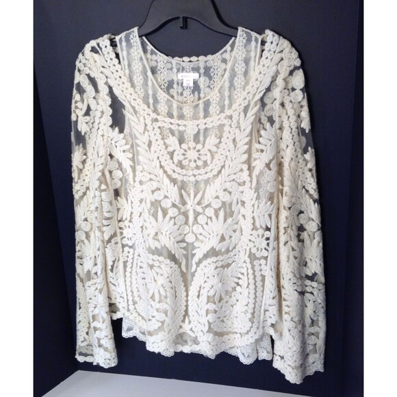 Crochet Lace Blouse M Cream Sheer Embroidered Boho Cottage Romantic Holiday Top - Picture 3 of 10